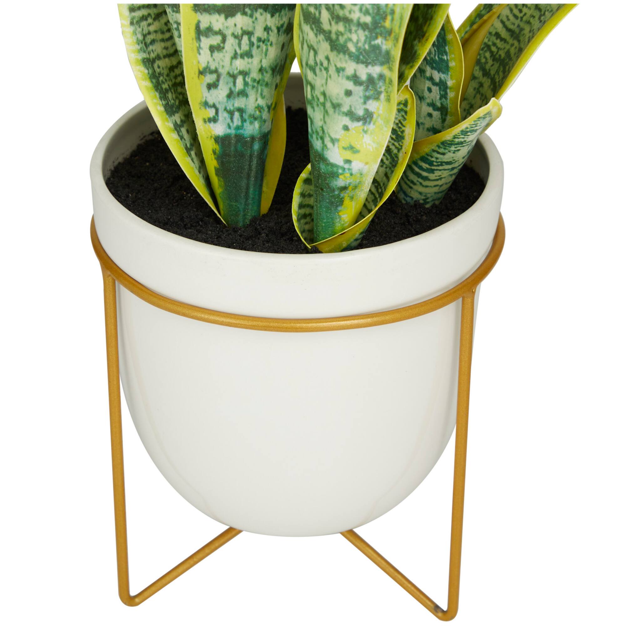 25" Green Snake Faux Foliage Artificial Plant with White Porcelain Pot and Gold Stand